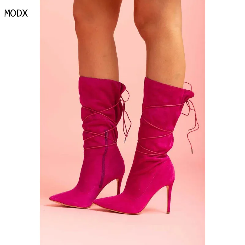 

2025 Lace-up Short Boots For Women Thin High Heel Denim Boots Pointed Stiletto Heels Side Zip Fashion Model Shoes 44