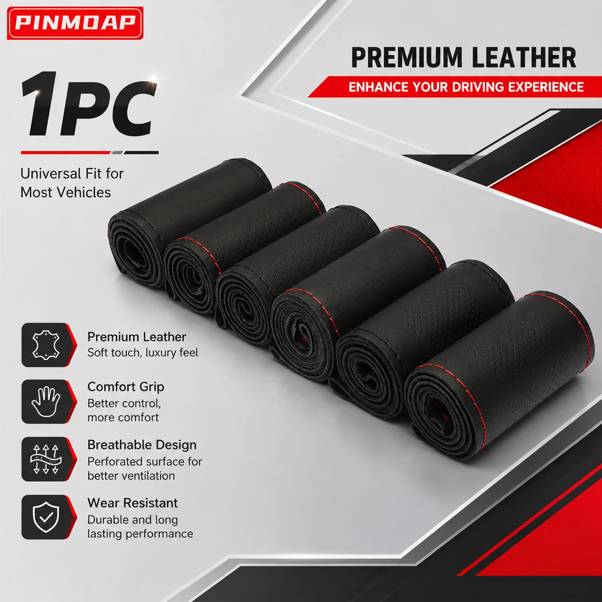 PINMOAP Steering Wheel Cover DIY Wrap Black Perforated Red Thread Stitch On Grip Protector for Car SUV Interior Accessory Kit