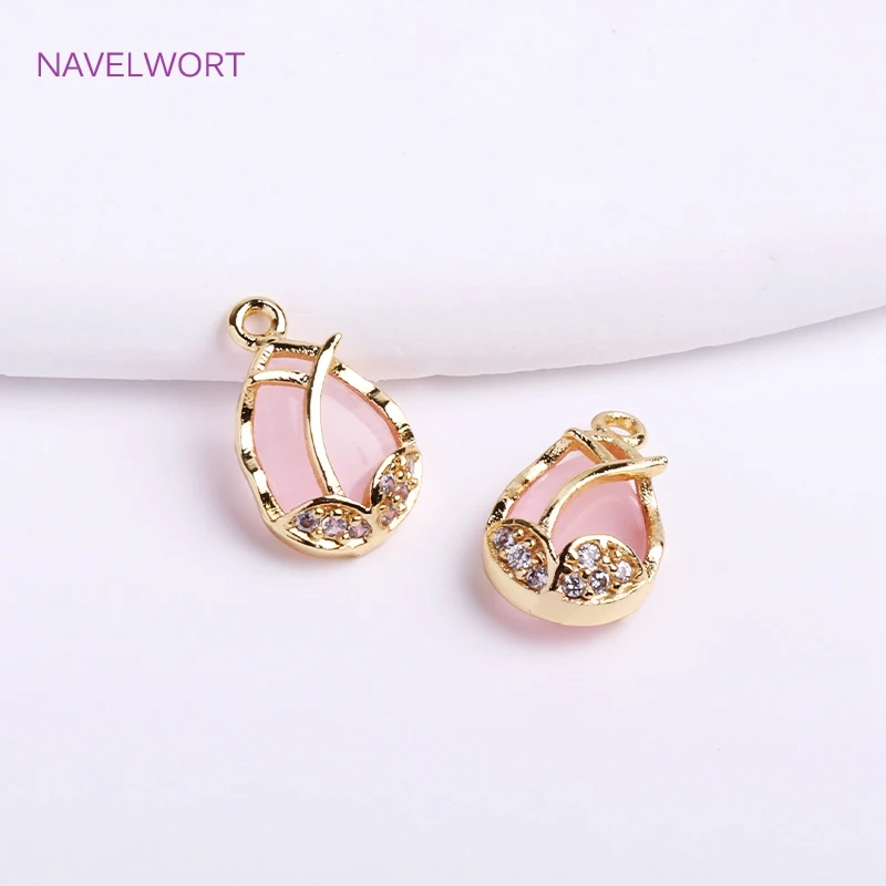 Trendy 14K Gold Plated Droplet Pendants Brass Metal Inlaid Zircon Oval Earring Charms DIY Jewelry Making Accessories