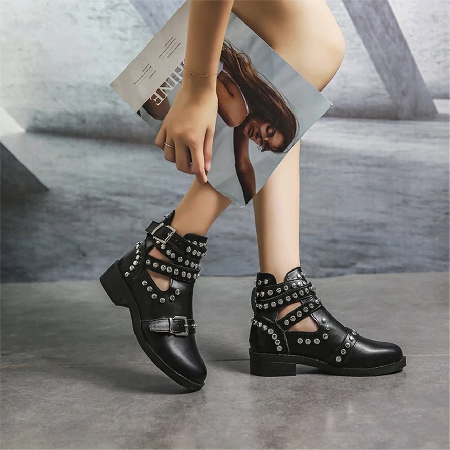 Fashion Rivet Buckle Women Ankle Boots Black Soft Leather Round Toe Thick Heels Shoes Plus Size 35-43 Woman Platform Short Boots