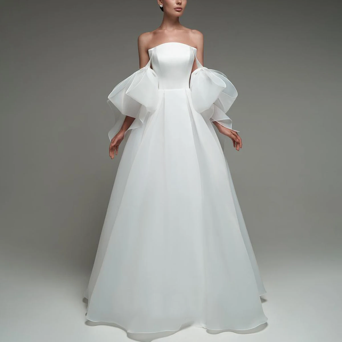 Simple Sleeveless Organza Long Ball Gown Wedding Dresses With Bow Backless A Line Bridal Gown With Train Vestidos Novia