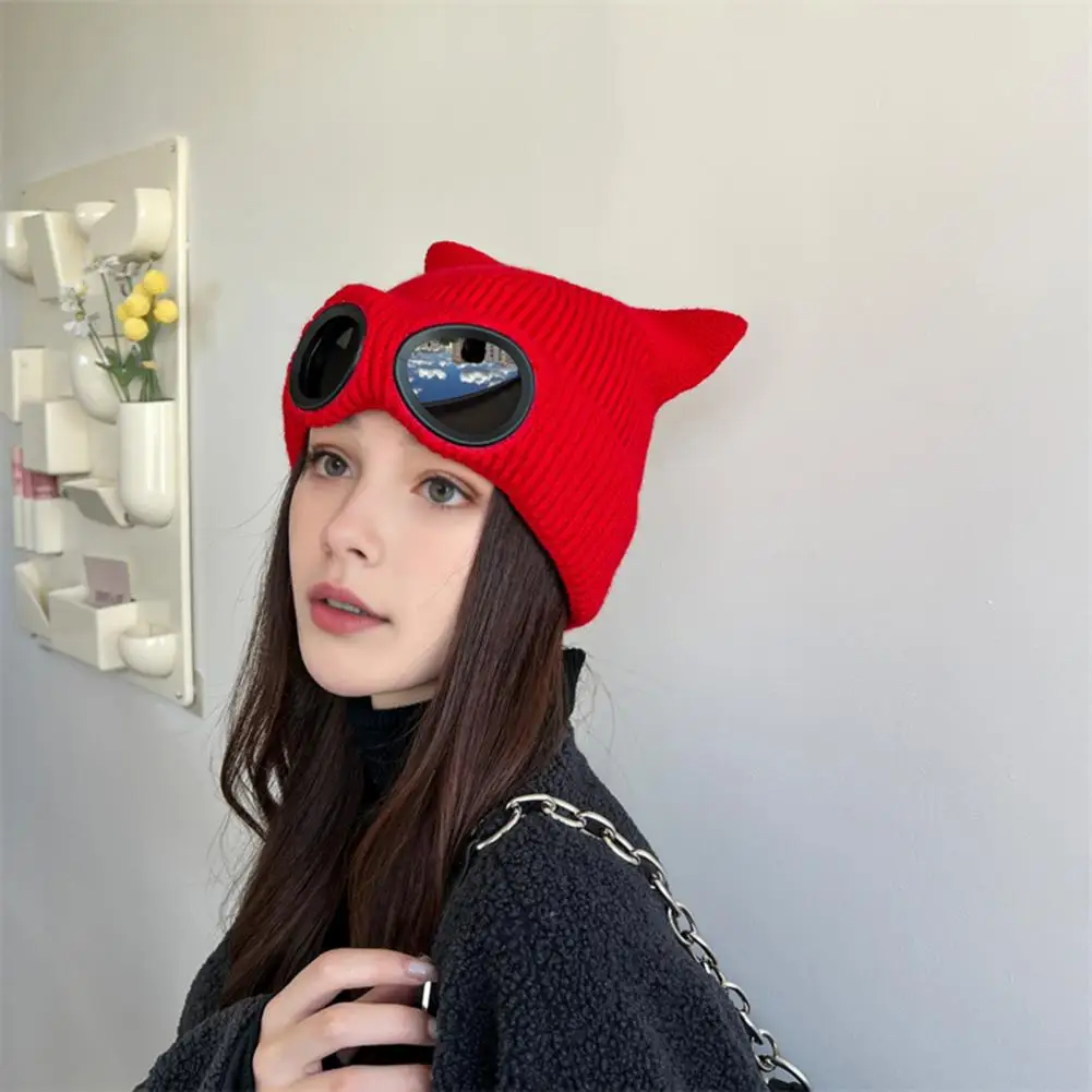 Weather Knit Hat Cute Kitty Head Winter Hat with Goggle Decor Ball Detail Windproof Demon Cap for Women Warm Anti-slip Headwear