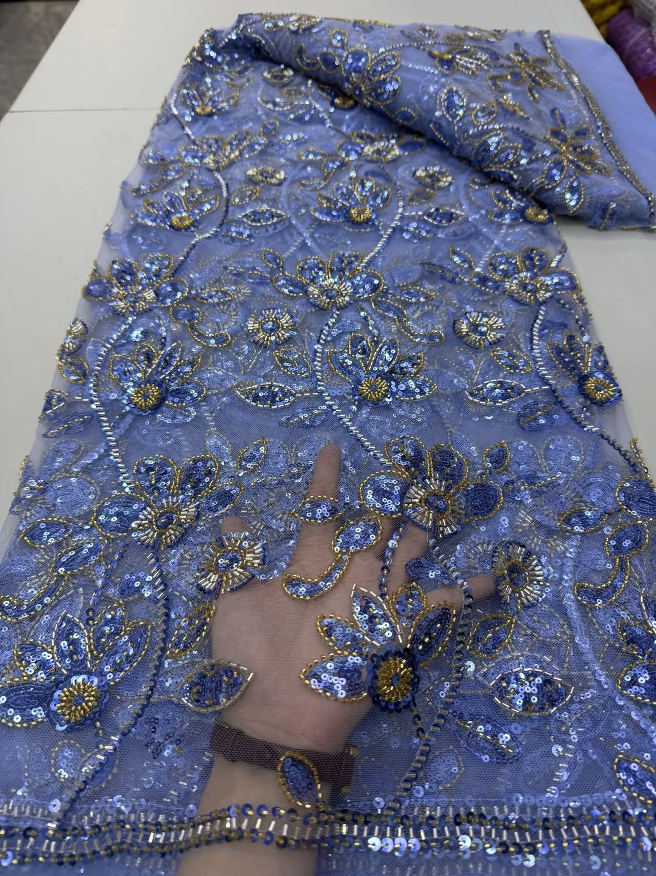 

2025 Latest High Quality African Nigerian With Tulle Sewing Lace Fabric Guipure Embroidery Dresses Sequins 5Yards JY451