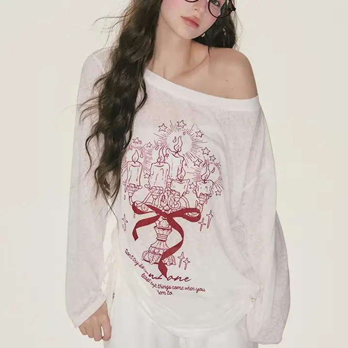 

Kimotimo, белая футболка с графическим принтом, женская осенняя новинка, микропрозрачные свободные тонкие топы Y2k, эстетические милые футболки с длинными рукавами