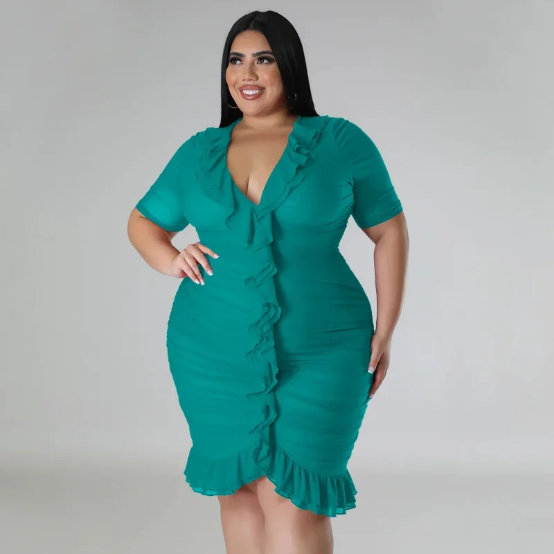 KEXU Plus Size Women Fashion Ruffles V Neck Short Sleeve Wrap Office Lady Pencil Dress 2024 Club Evening Sexy Party Dresses