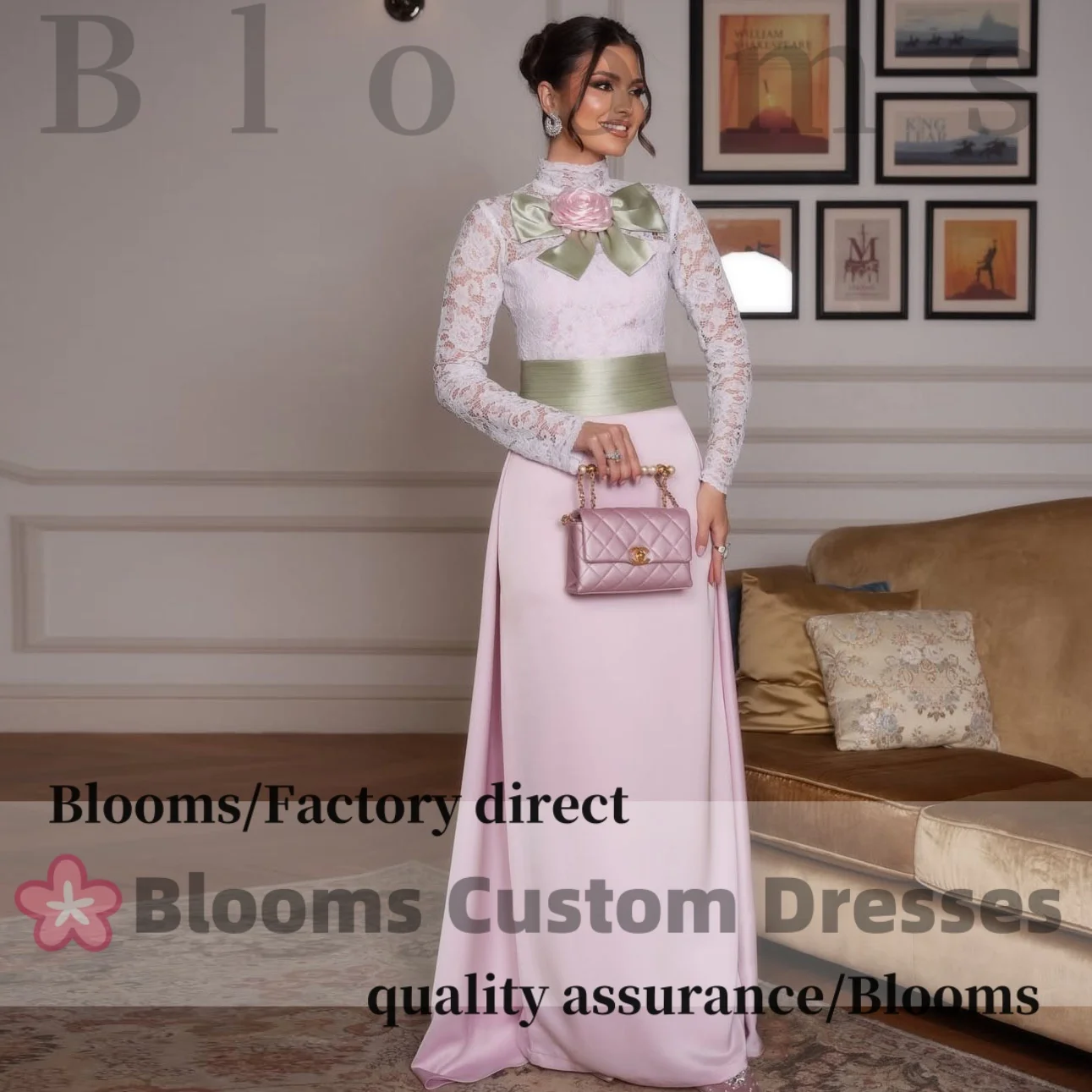 Vestido de Noche Rosa Personalizado con Cuello Alto y Manga Larga de Encaje, Línea A, Lazo Floral, Cinturón de Satén Verde, Elegante Vestido Formal para Fiesta