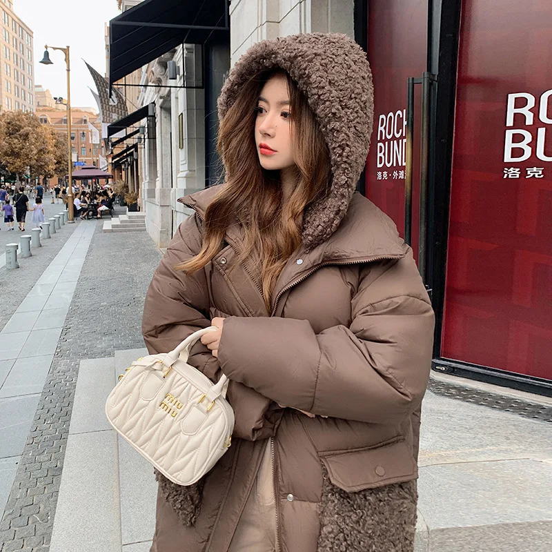 Women\'s Spring Autumn Winter Solid Color Lamb Wool Hoodie Coat Thickened Cotton Jacket with Large Pockets Slim Fit Outerwear