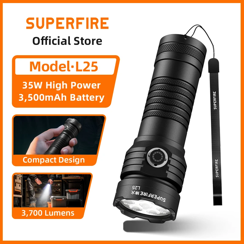 

NEW SUPERFIRE L25 Rechargeable led flashlight EDC Torch Super Powerful 3700LM With battery Type-C 7 Lamp Beads Camping Lantern