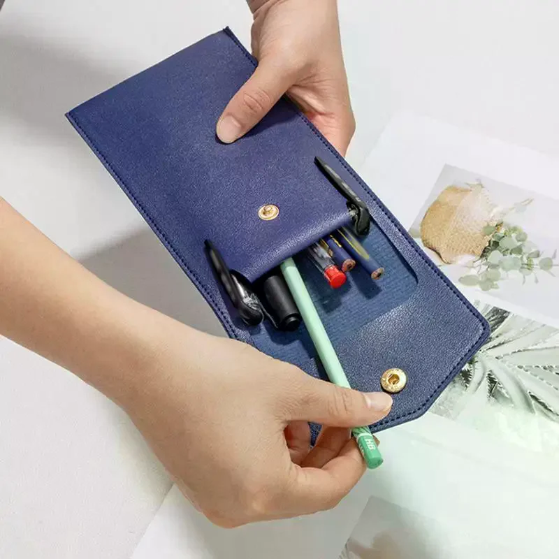Pencilcase Faux Leather Large Capacity Multi-Slot Pouch - Pure Color Stationery Organizer / Pen Protective Case