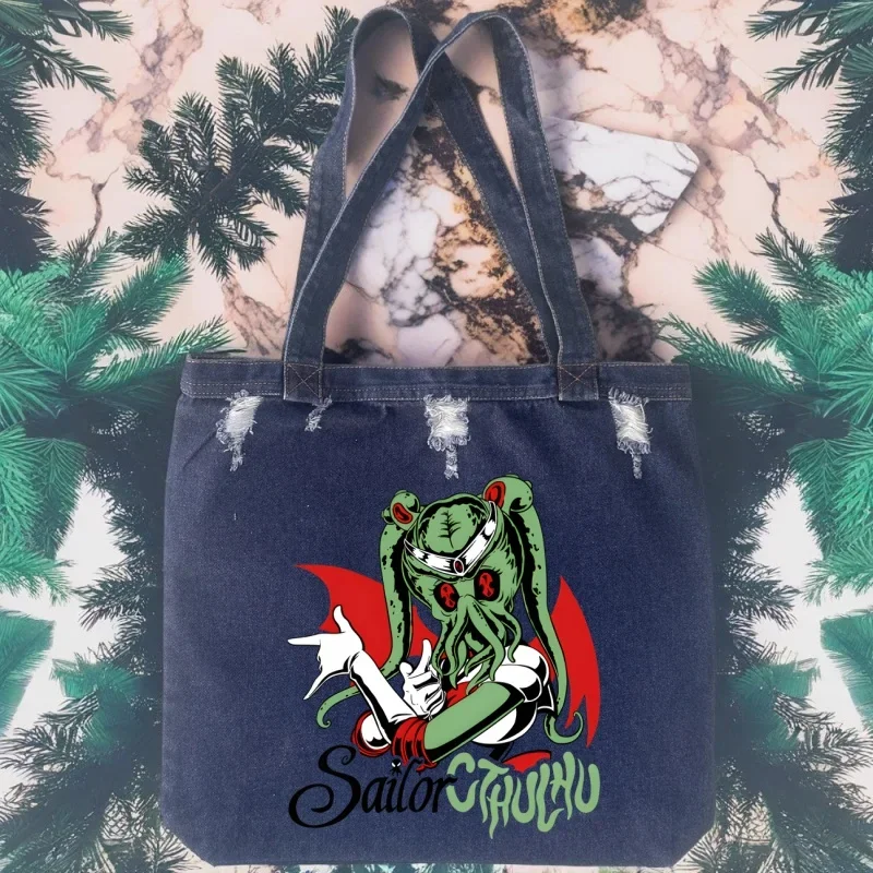 

Cthulu And Lovecraft Ew People Women Jeans Shoulder Bag Large Capacity Denim Shopping Strap Travel Messenger Bag Commute Bag