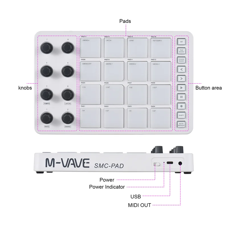 

M-VAVE MIDI Controller Strike Pad RGB Backlight MIDI Keyboard BT Connection Low Latency 3.5Mm Output Interface MIDI Pad