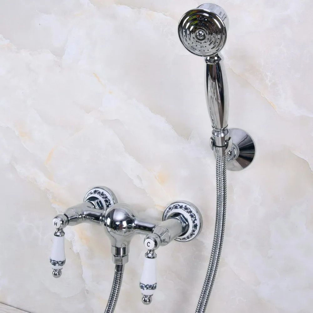 

Modern Silver Chrome Brass Wall Mounted Bathroom Shower Faucet Set with 1500MM Hose Handheld Spray Head Mixer Tap Dna287