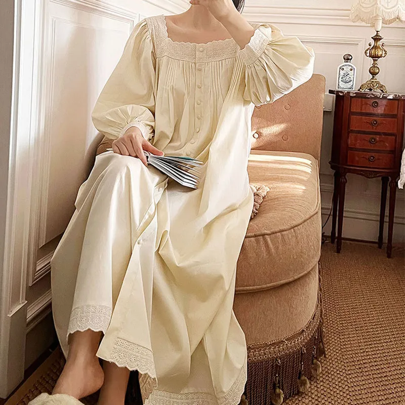 Princess Vintage Full Puff Sleeves Long Mid-Calf Nightgowns French Square Collar Cardigan Night Dress 100% Cotton Casual Nightie