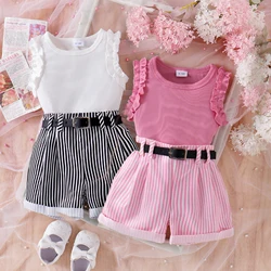 3PCS  Summer New Style Comfortable And Fashionable Pink Pit Strip Vest + Shorts Set For Girls Aged 0-3