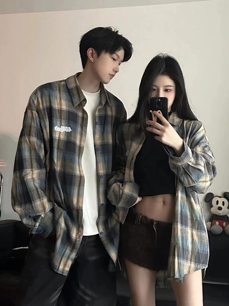

American Retro Plaid Shirt Men's Long Sleeve Casual Loose Hong Kong Style Trendy Couple's Clothing Outerwear Breathable Skin-...