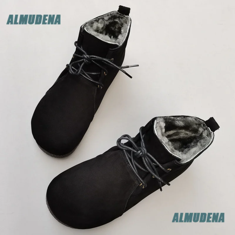 Men Winter Faux Leather Ankle Boots Round Toe Lace-Up Fleece Lined Warm Flat Retro Casual Cold Weather Short Booties Men's Boots