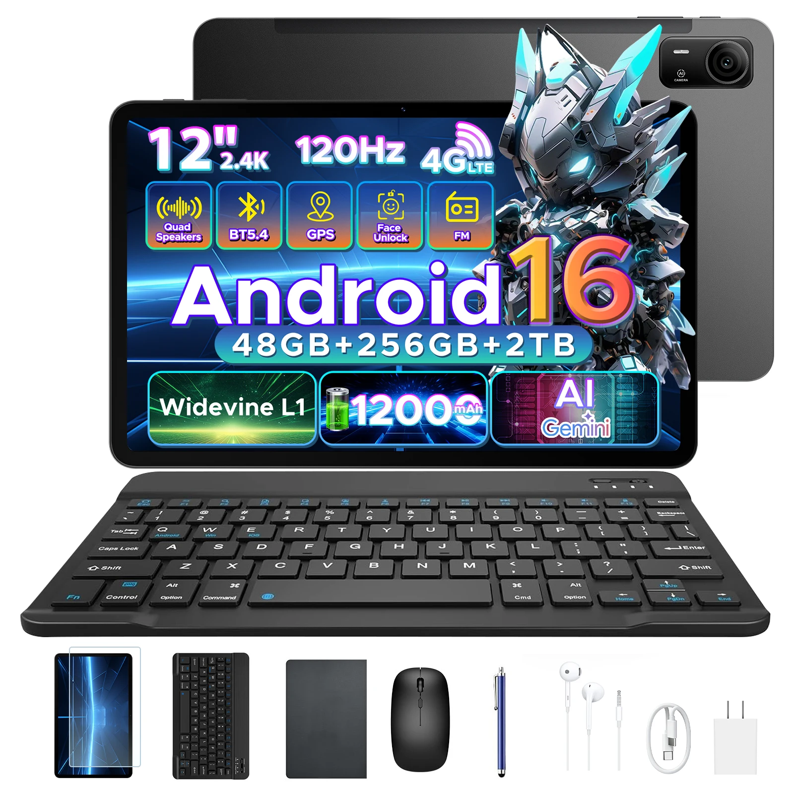 POCKAM P12 Pro 2-in-1 Tablet PC Gemini Ai Android 16 12″ 120Hz Display 48GB RAM(12+36) 256GB ROM 12000mAh Batterij Widevine L1 Tablet PC Ondersteunt 4G LTE