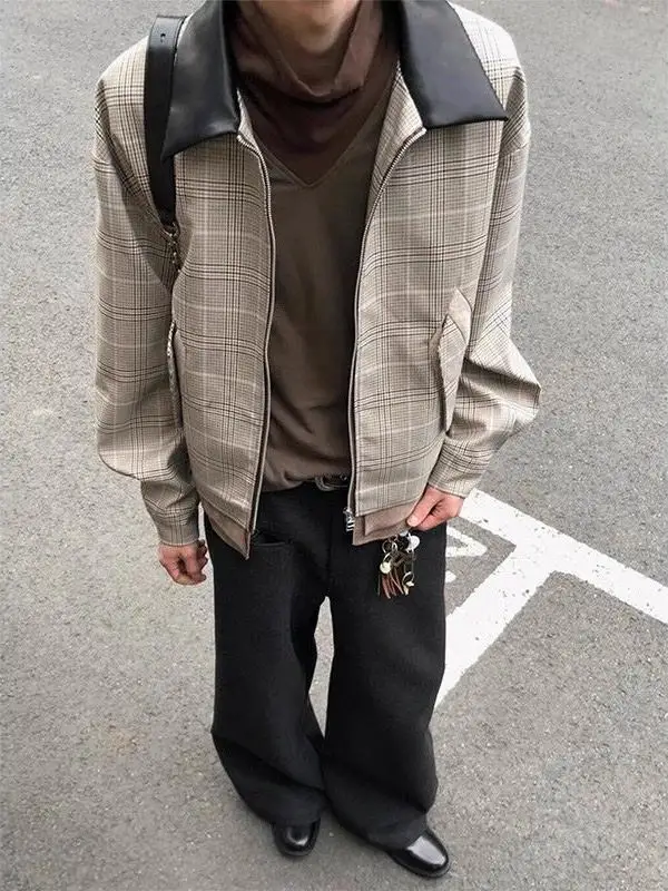 

Cleanfit Geometric Pattern Oversized Jaet ex Spring New Sle Patchwork Leather Collar Design Sensation Western Suit Top