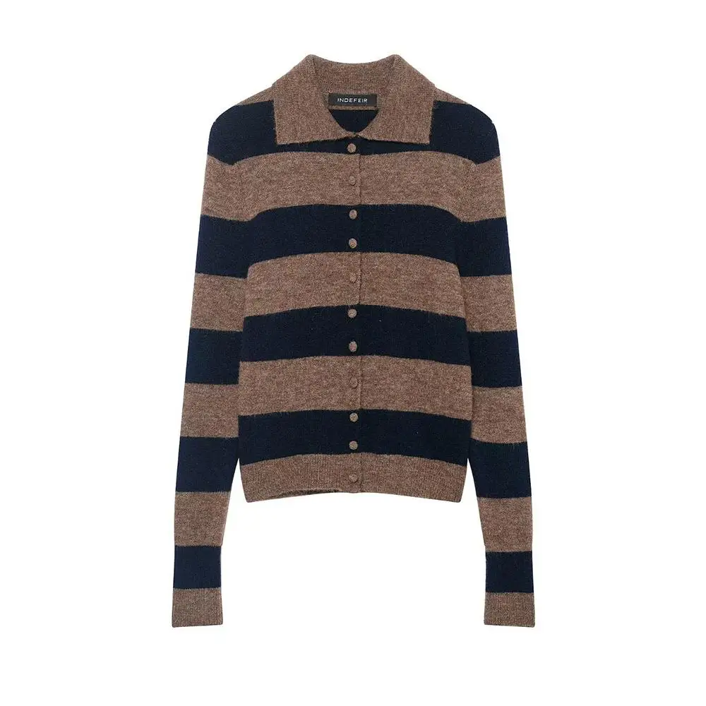 

Женский модный полосатый вязаный кардиган на одной пуговице с длинным рукавом и воротником поло, тренд весны 2026, шикарный вязаный топ