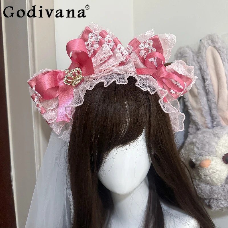 

Japanese Original Strawberry Cake Princess Style Bow KC Veil Deep Pink Retro Classical Lace Lolita Hair Accessory for Women