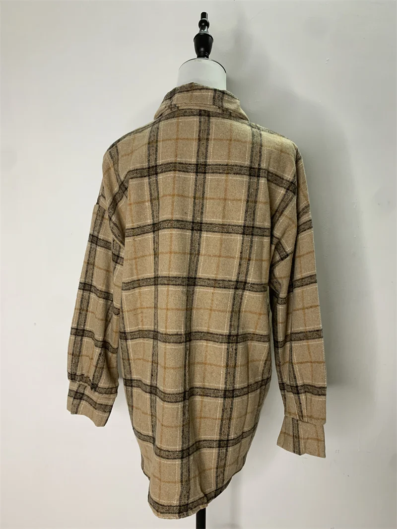 PLAZSON Oversized Plaid Shirt Autumn Winter Women Vintage Long Sleeve Fashion Loose Lapel Shirt Fit Blouse Korean Style