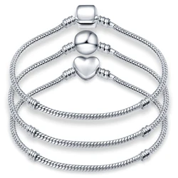 Hot Sale 6.69-8.26'' Silver Plate Fashion Love Round Bead Snake Chain Bracelet Fit Original DIY Charms Bead Fine Jewelry Making