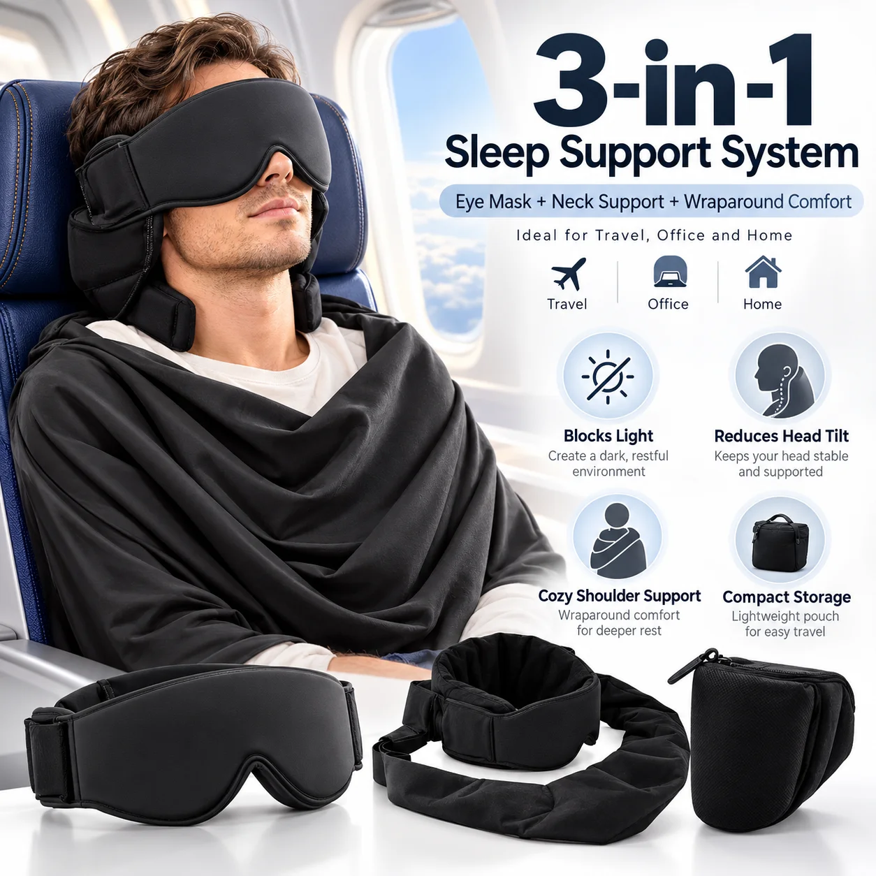 3-in-1 Adjustable EyeMask Airplane Sleep Support System Travel Pillow Multi-Use Office And Home Comfortable Pillow for Traveling
