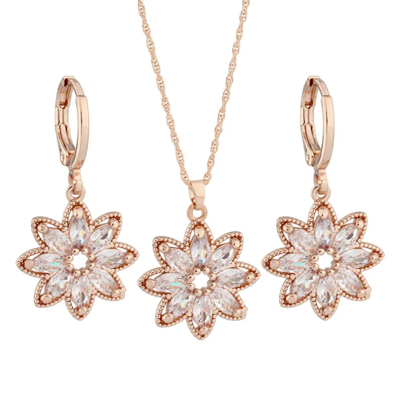 New Trend Earrings 585 Rose Gold Color Hanging Earrings Stes for Women Fashion High Quality Natural Zircon Flower Jewelry Set