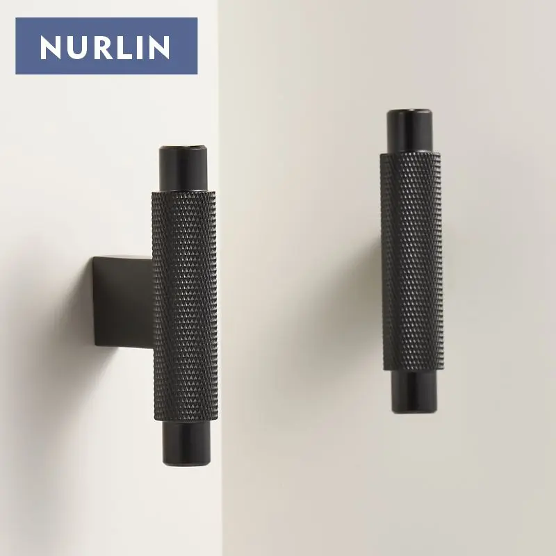 Nurlin Solid Brass Knurling Black Cross Pattern Cabinet Knob Cupboards T-bar Furniture Refrigerator Door Pull Bar Kitchen handle