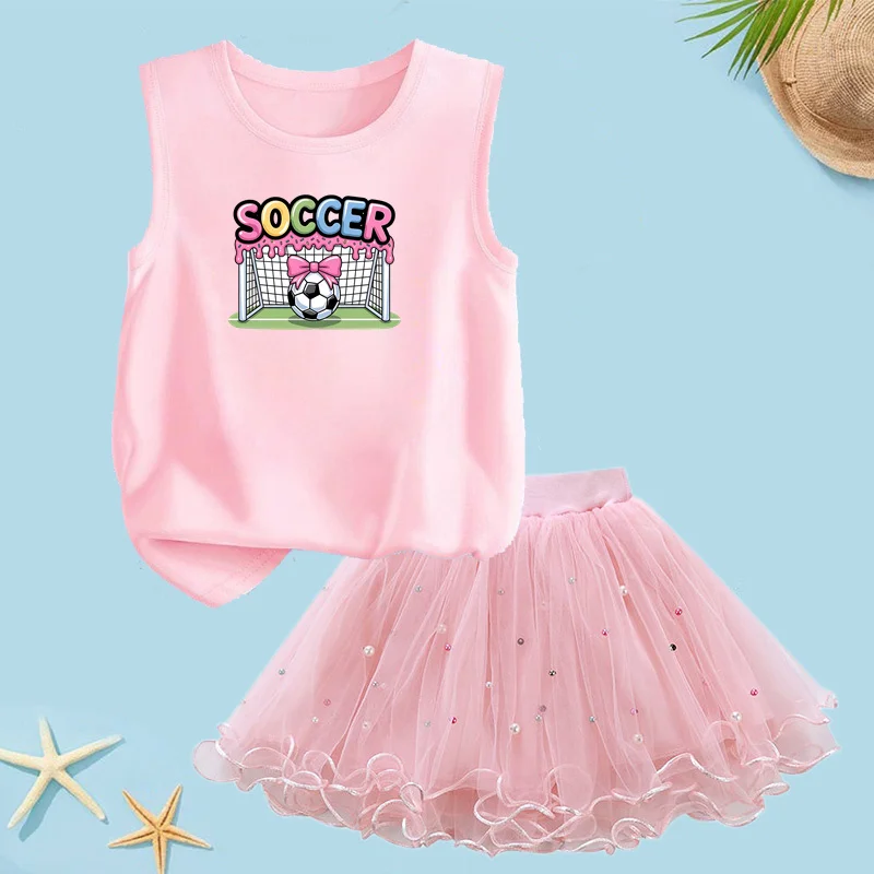 Sommer-Fußball-Print-Westen-Set für Babys, flauschiger Tutu-Rock, modisches Partykleid für Mädchen, ärmellose Outfits, 3–14 Jahre