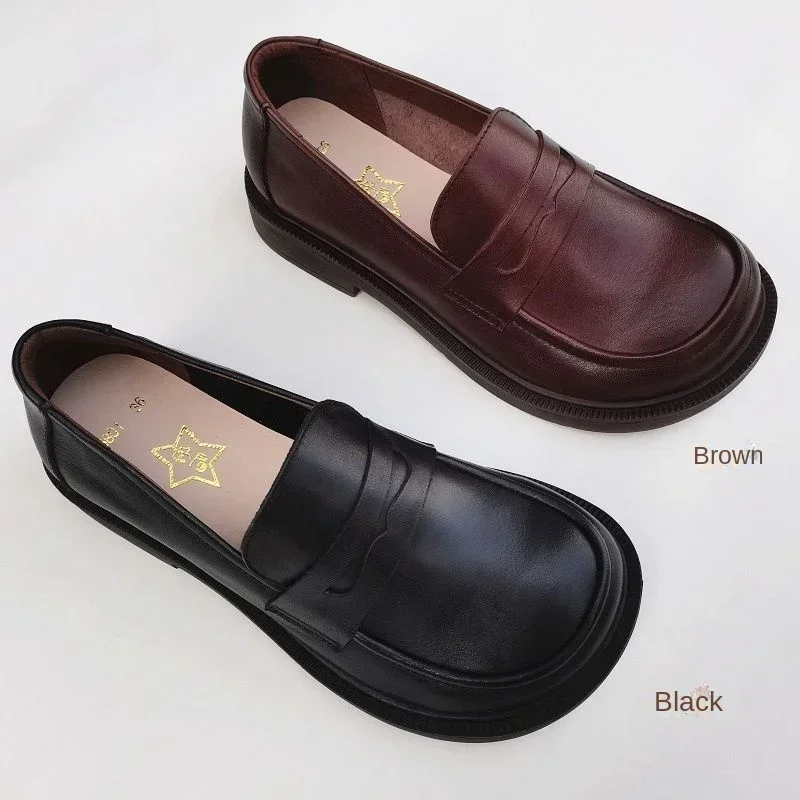 spring 2024 wide toe loafers shoes women genuine leather shoes cowhide original single flat soft sole casual shoes