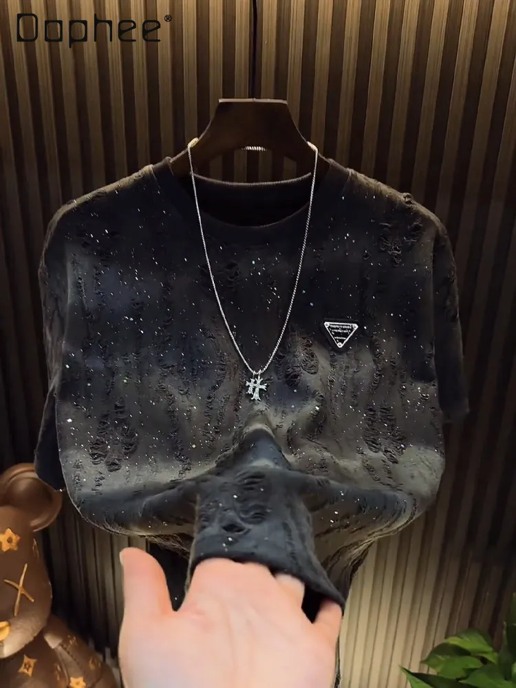 

2026 Summer Fashion Men Black Coffee Gray Starry Sky Sequins Ripped Round Neck Short Sleeve Casual Streetwear T-shirt