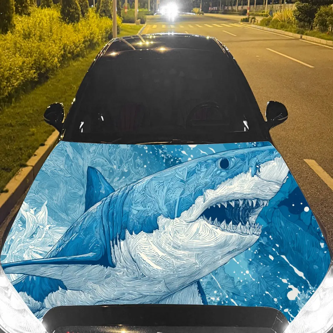 

Car Decal Great White Shark with Blue Ocean Dynamic Textured Motif in Artistic Marine-Thrilling Style - Bold Aquatic Energetic F