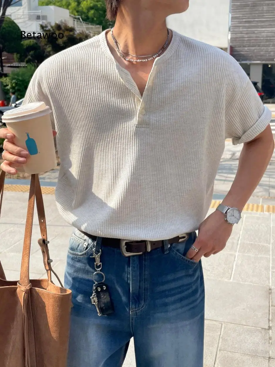 Mature Style Henley Short Sleeve T Shirt For Men Summer Loose Versatile Tee Korean Commuting Outfit Soft Gentle Vibe For Everyd