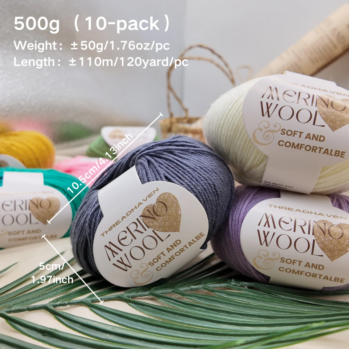 10er-Pack Merinowolle-Garn, je 50g, Weiches & Warmes Strick- und Häkelgarn, 90% Merinowolle, 10% Polyester – Detail 2