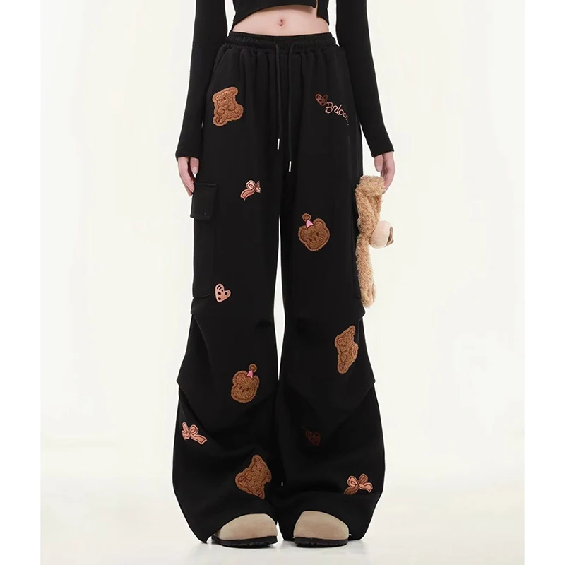 Amerikanische Vintage Nette Bär Jogginghose Frauen Stickerei 3D Schöne Hose Hohe Taille Schwarz Harajuku Y2K Jazz Breite Bein Hosen