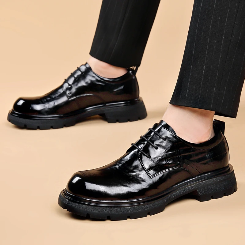 

Men Leather shoes Platform Oxfords lace up Thick Tottom For Male Derby Shoes Casual oxfords Mens Square Toe Formal Dress Shoes