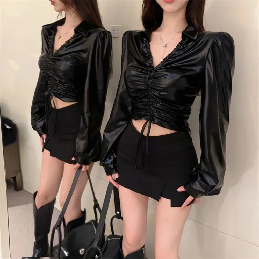 Silvery Gloss V Neck Shirts Women Shirring Drawstring Korean Style Fashion Simple Tops Female Clothes Spring Summer Blusa Ladies