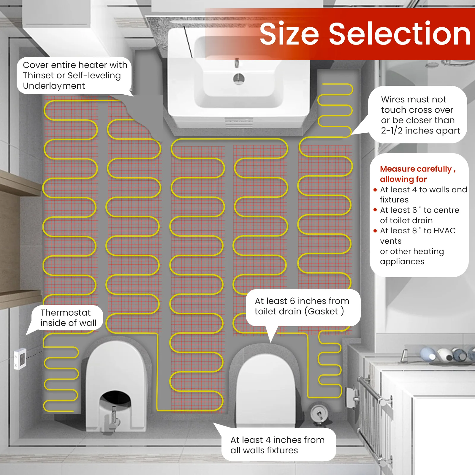 Warmfloor Warmmat Electric Radiant Self-Adhesive Double Conductor Cable Heating System Kit Under for Tile & Laminate Stone Heati