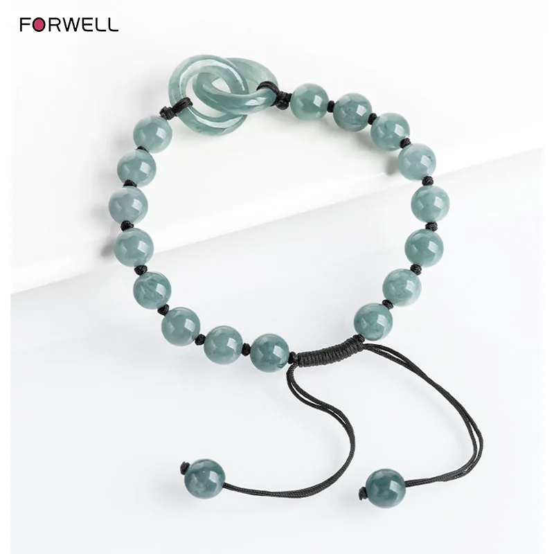 

FORWELL Natural Jadeite Blue Water Double Jade Ring Bracelet Handmade DIY Braided Bracelet Jade Stone Couple's Gift for Women