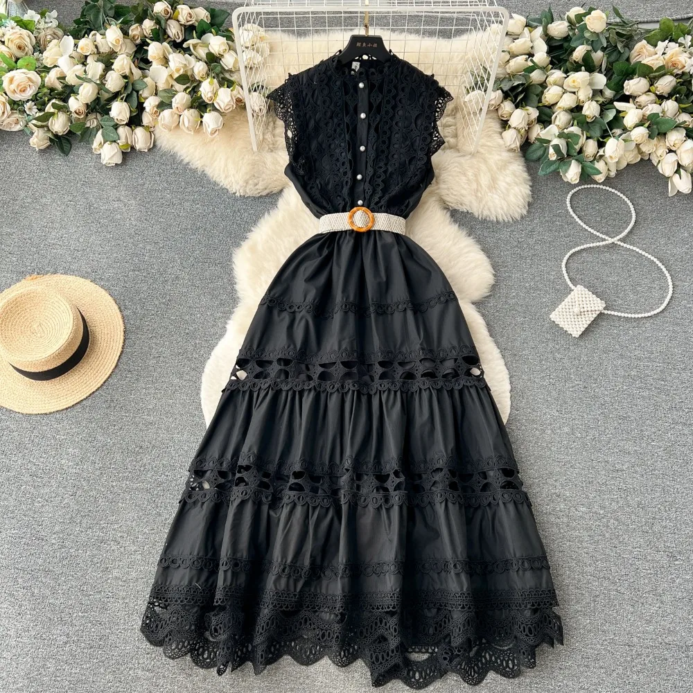 French Vintage Elegant  sleeveless cut out Embroidery lace Dress Vacation  Women Fashion Summer Spring Vestidos  dresses