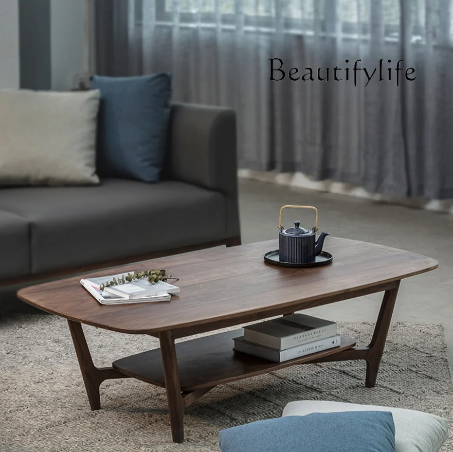 Nordic Solid Wood Coffee Table Large and Small Apartment Type Modern Minimalist Black Walnut Double Layer Tea Table