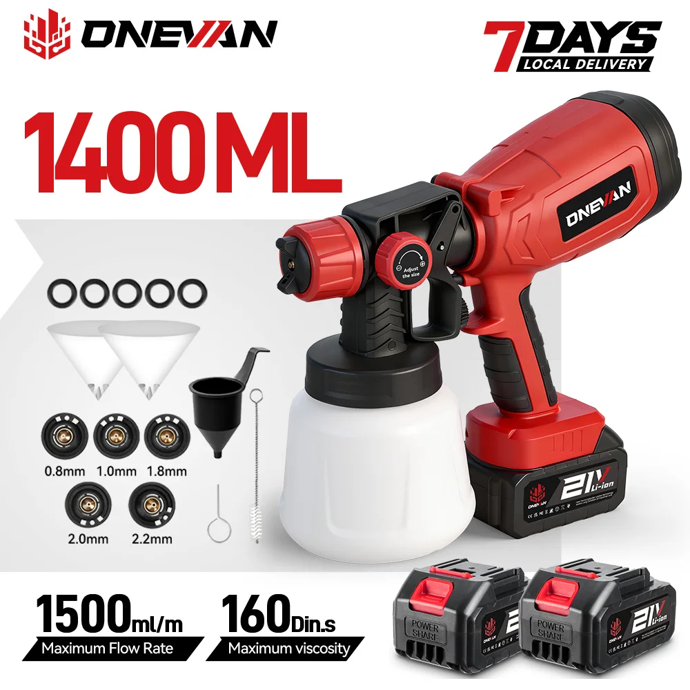ONEVAN Kabelloser Handheld-Spritzpistole 1400ML 850W Elektrische Sprühpistole für Stahlmöbel, Farbsprühgerät, Elektrowerkzeug für Makita 18V Akku