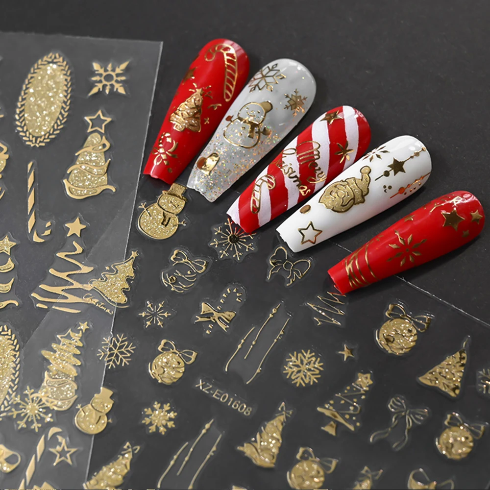 ﻿ 3D 블랙 골드 글리터 크리스마스 시리즈 네일 스티커 2025 신상 크리스마스 트리 오각별 뿔 디자인 네일 데칼 크리스마스 슬라이더 ﻿ ﻿