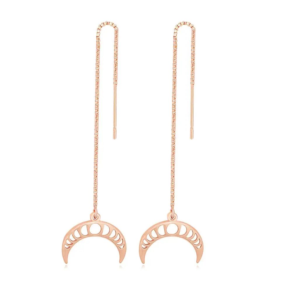 

Wiccan Triple Moon Goddess Symbol Threader Drop Earrings Horn Gift for Her (rose gold)