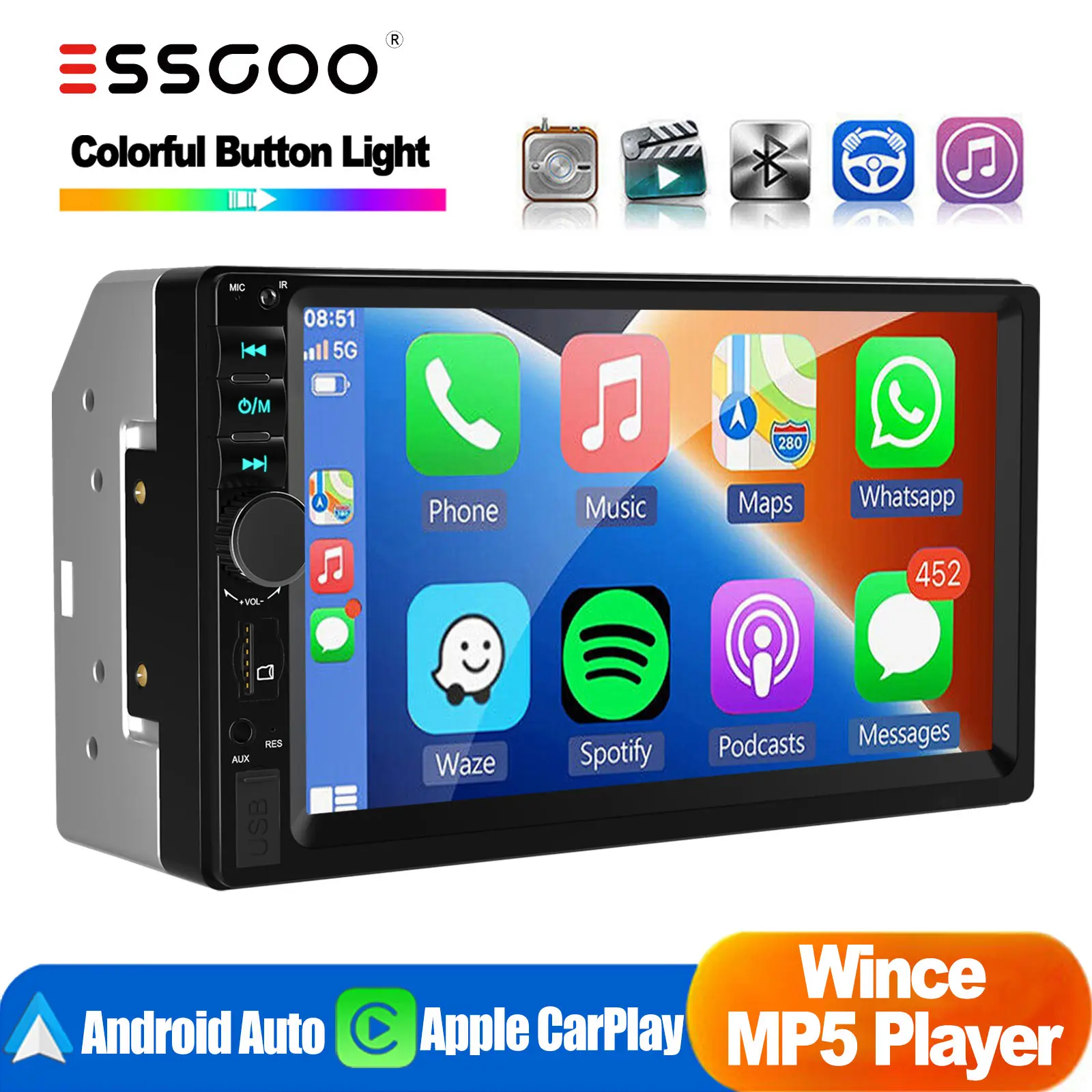 ESSGOO Doppel-DIN Autoradio 7 Zoll Carplay Android Autoradio Multimedia MP5 Player AUX Touchscreen USB Head Unit Mirror Link