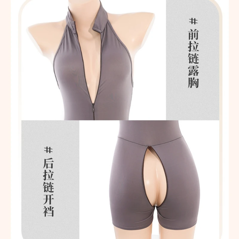 Double Zipper Open Crotch Bodysuit Women Lingerie Roleplay Anime Tight Leotard Sports Onesie Crotchless Pole Dance Clubwear