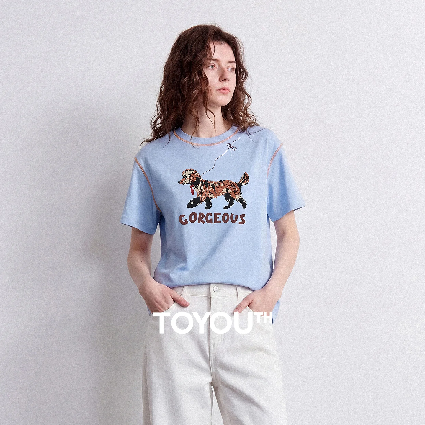 TOYOUTH Women Cotton T-Shirt 2026 Summer New Color Block Stitching Dog Letter Print Loose Crew Neck Pullover Tops