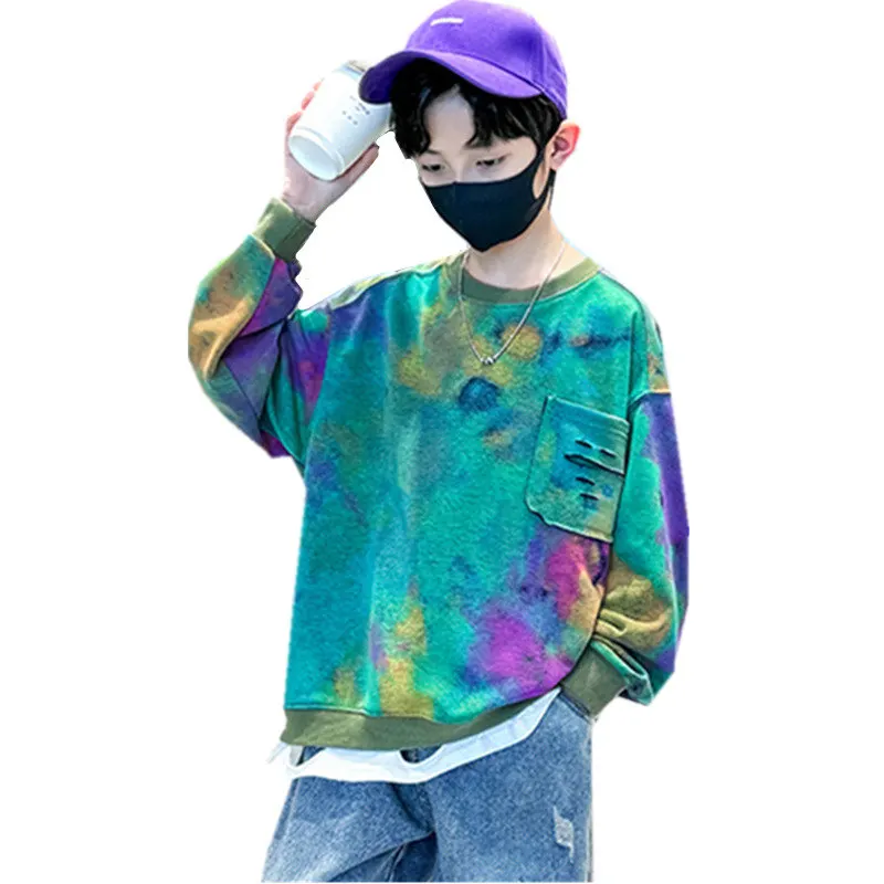 

New Children's Sweatshirts Spring Autumn Boys Tie-Dye Long-Sleeved Fashion Casual Loose Teenager Tops for Kids 5 To 14 Years Old