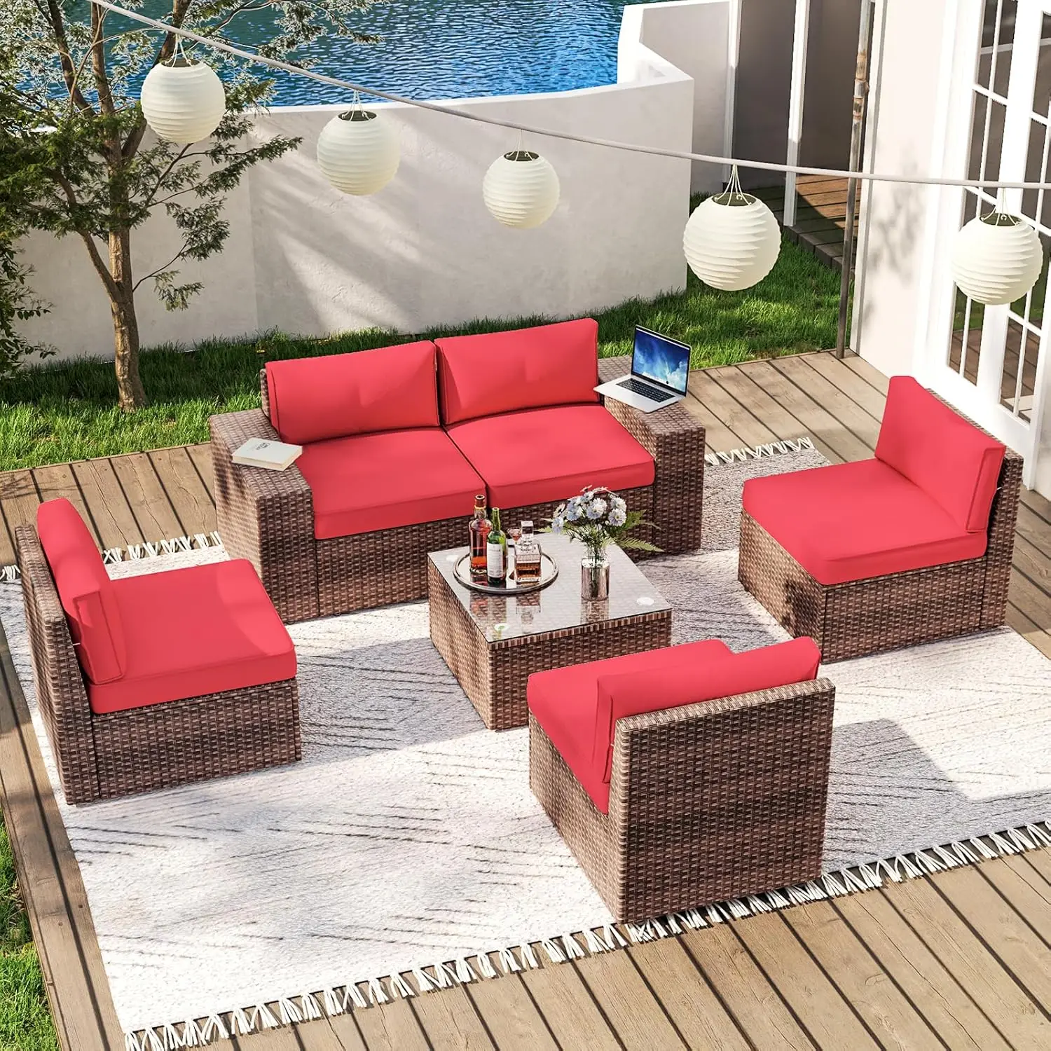 6 buah Set furnitur teras luar ruangan anyaman rotan mebel termasuk penutup Sofa untuk teras, taman, halaman belakang